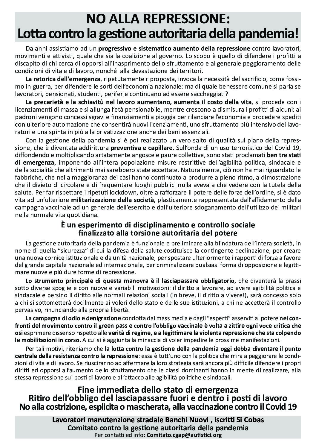 Napoli: Volantino “No alla repressione: Lotta contro la gestione autoritaria della pandemia!”