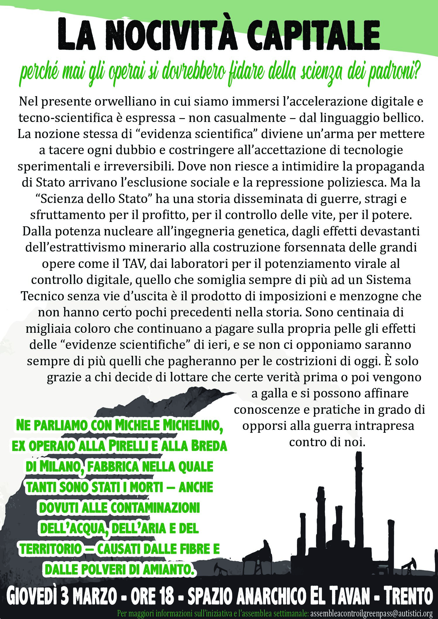 Trento, 3 marzo: La nocività capitale – Incontro con Michele Michelino