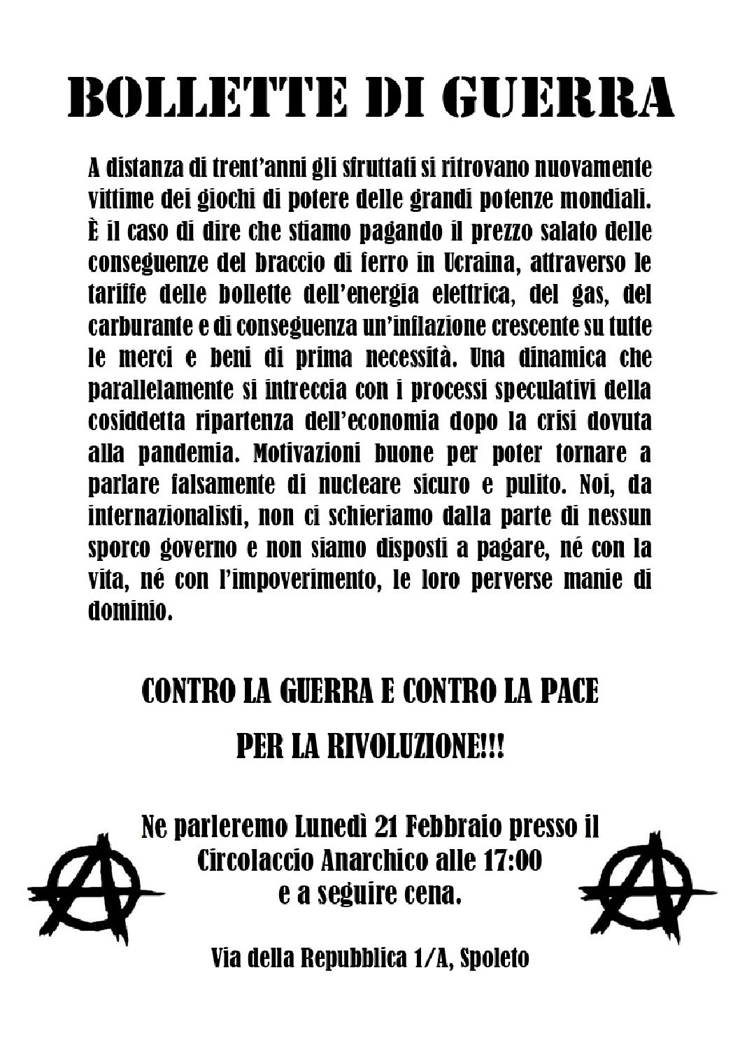 Spoleto, 21 febbraio: Bollette di guerra, iniziativa al Circolaccio Anarchico