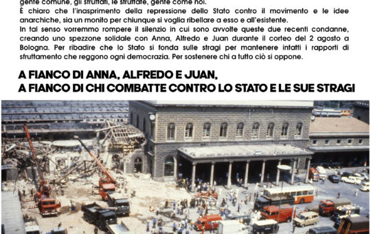 Bologna: per un 2 agosto al fianco di Anna, Alfredo e Juan – contro lo Stato stragista!