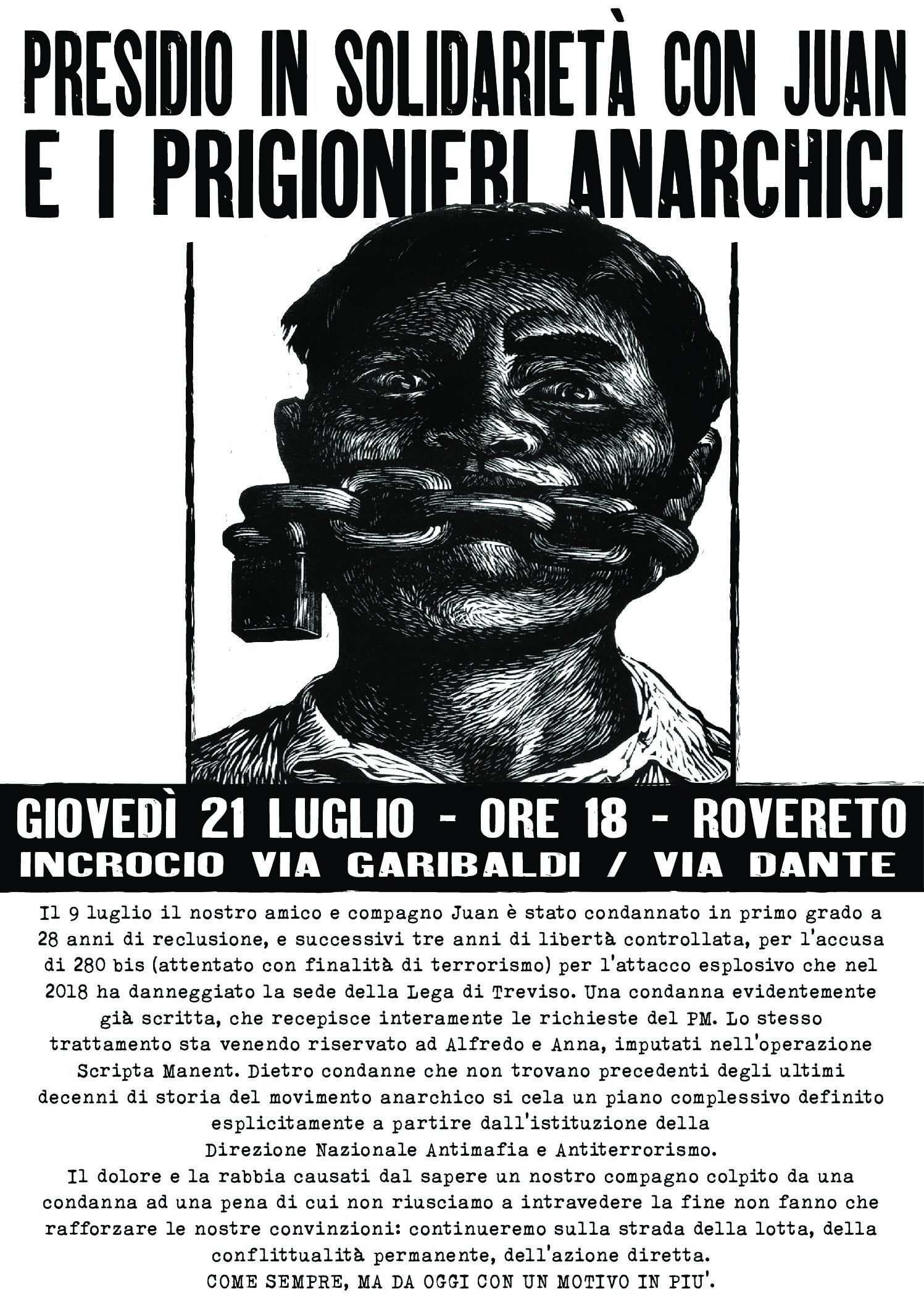 Rovereto: 21 luglio – Presidio in solidarietà con Juan e i prigionieri anarchici