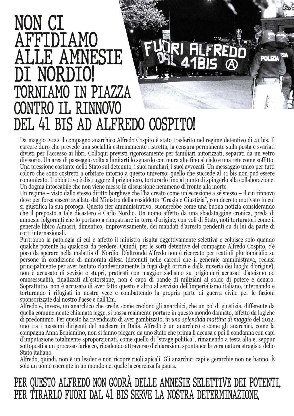 Manifesto contro il rinnovo del 41 bis ad Alfredo Cospito