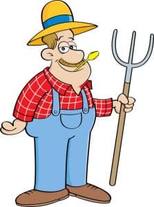 Cartoon illustration of a farmer holding a pitchfork.
