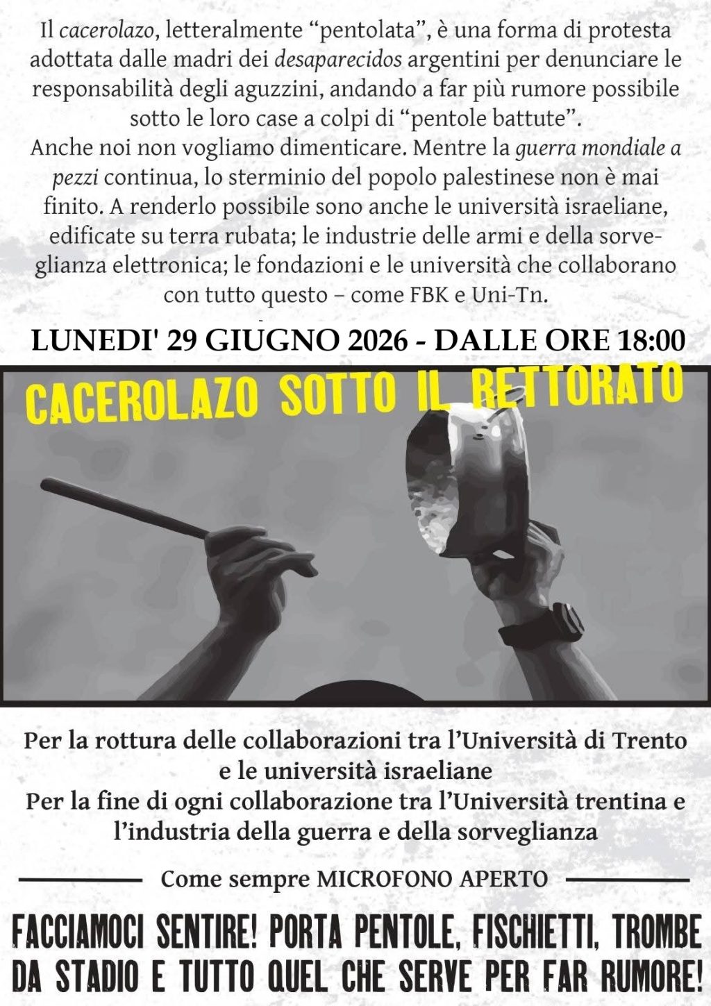 locandina cacerolazo sotto il Rettorato del 29 giugno 2026