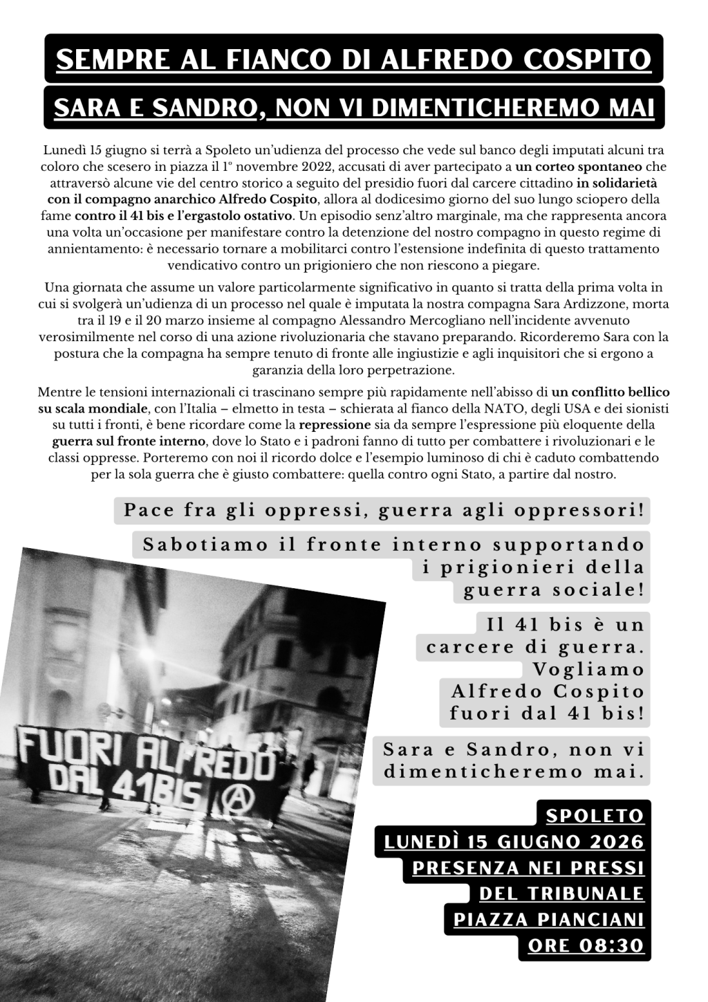 sempre al fianco di alfredo cospito 15 giugno 2026