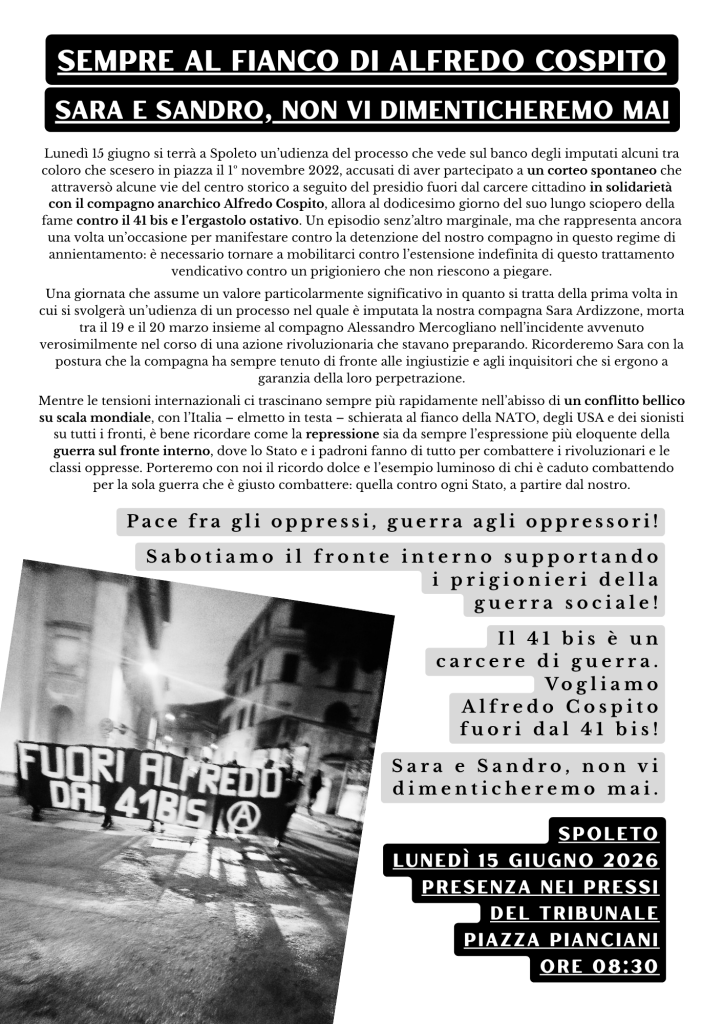 sempre al fianco di alfredo cospito 15 giugno 2026